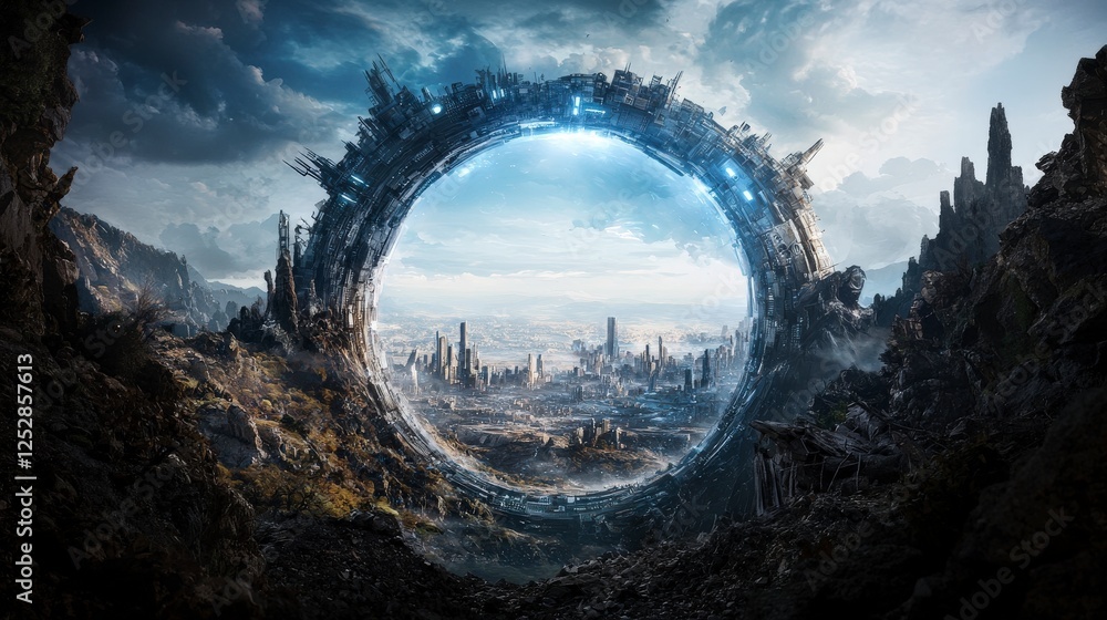 Aufkleber portal opening in the sky futuristic cityscape digital art surreal environment aerial view gateway b