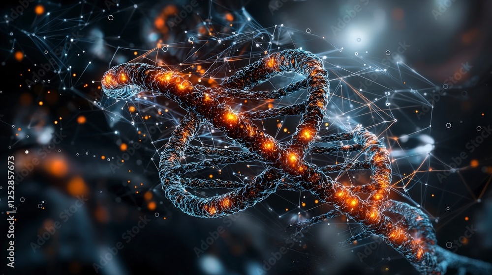 Poster Dynamic genes sending signals through pulsating glow laboratory digital art scientific concept close-up view