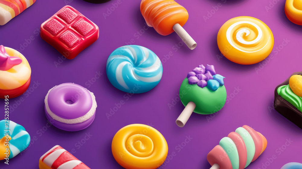 Poster jelly candies, game icons or ui buttons set. funny cartoon assets for app design. isolated colorful 