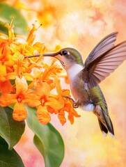 Obraz premium Close-up photo of a hummingbird feeding on bright orange flowers. The bird is in motion, capturing the essence of its agile nature.