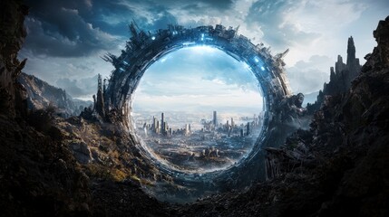 Portal opening in the sky futuristic cityscape digital art surreal environment aerial view gateway between worlds
