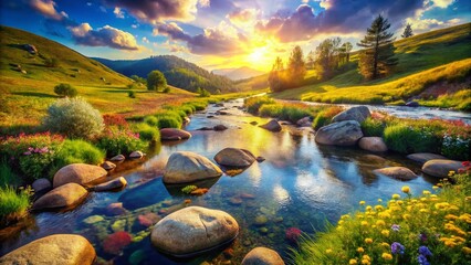 Aerial View of Boulder-Strewn Creek in Rural Landscape - Double Exposure Effect