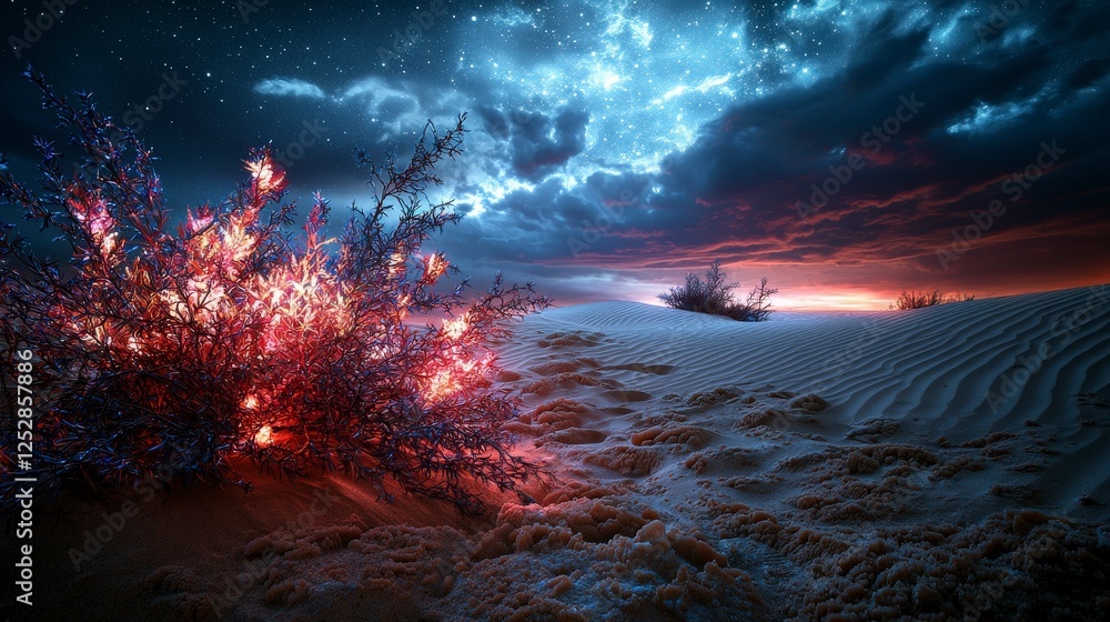 Poster glowing desert nightscape enchanting views of illuminated sands and flora mysterious atmosphere capt