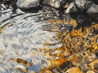 Abstract painting of water reflecting rocks.