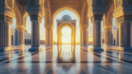 Majestic sunrise illuminating intricate arches in an ornate palace, serene atmosphere
