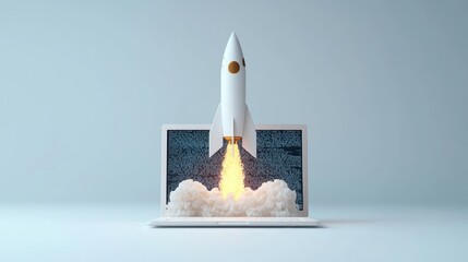 Rocket Launching From Laptop With Code Background