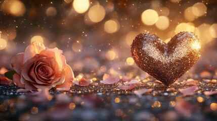 Fototapeta premium A romantic and sweet Valentine's Day card. Surreal style, dreamy lighting effects and exaggerated elements create a fairytale background in pink, red and gold. Perfect for text creation.
