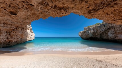 Secluded cove beach, turquoise water, sunny sky, rock archway, summer vacation