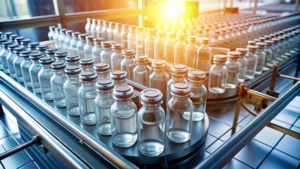 Obraz premium Aerial View of Clear Glass Pharmaceutical Bottles Mockup - Sterile Production Facility