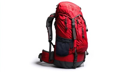 A red, compact hiking backpack with a design suitable for trekking and outdoor activities. It features multiple pockets and is designed to withstand the elements.
