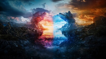 Fototapeta premium Dramatic clash of realities two worlds collide at twilight digital art ethereal landscape surreal viewpoint
