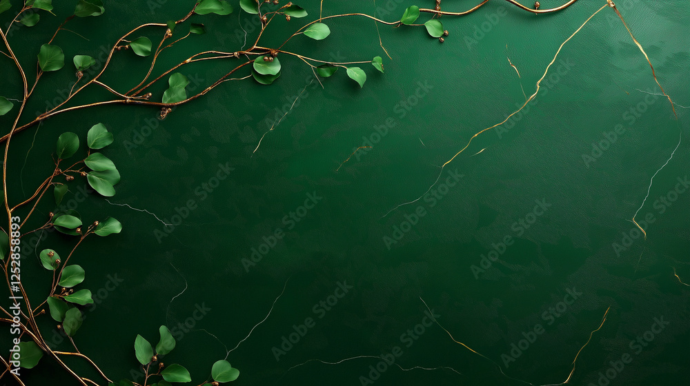 Aufkleber lush green botanical patterns intertwined with delicate golden metallic detailing, creating a serene