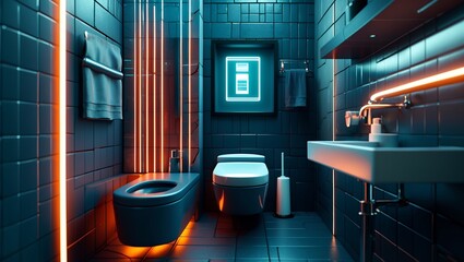 Modern Futuristic Bathroom Interior with Neon Lighting and Black Tiles