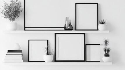 Empty photo frames standing on white shelf. Vector realistic mockup of interior decoration with blank pictures with white and black border. Bookshelf with image frames for home, gallery or portfolio