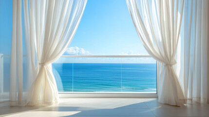 Glass windows with white silk curtains and overlooking to sea. Vector realistic interior of empty room in home or hotel with glass doors to balcony, terrace with railings