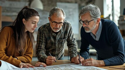 At the meeting table, a diverse group of civil engineers and clients collaborate on an architectural project while going over the building blueprint and construction plan.