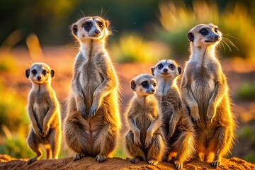 Fototapeta premium Aerial View of Curious Meerkat Family Watching from Above
