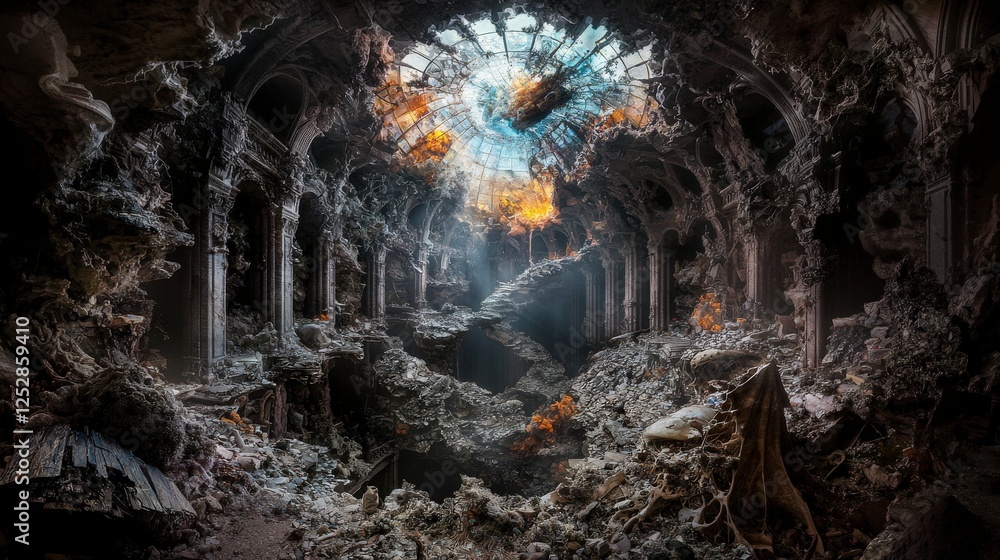 Poster desolate ruins emerge amidst chaos abandoned building digital art surreal environment low angle over