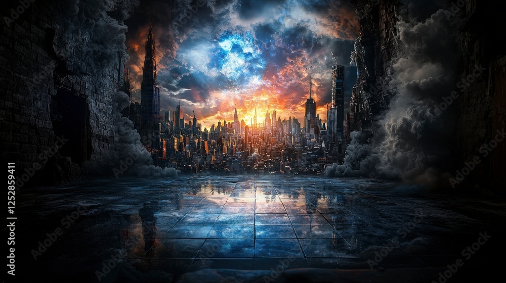 Poster dramatic digital art of colliding parallel universes surreal versions of dystopian cities in a uniqu