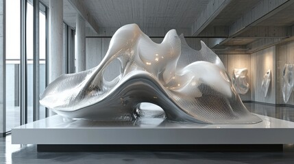 Abstract Sculptural Design in Modern Art Gallery Showcasing Innovative Textures and Reflective Surfaces Under Natural Light