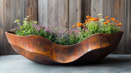 Blooming flower clusters in rusty flower vessels