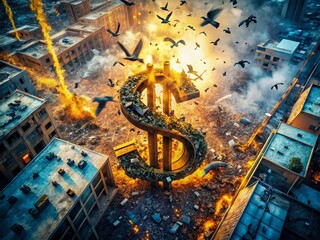 Obraz premium Aerial View of Dollar Sign Destruction: Birds & Debris Dispersion