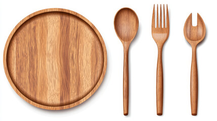 Wooden cutlery and round tray for pizza in restaurant or canteen. Vector realistic set of flatware and circle plate. Fork, spoons, knife and dish from wood or bamboo isolated on transparent background