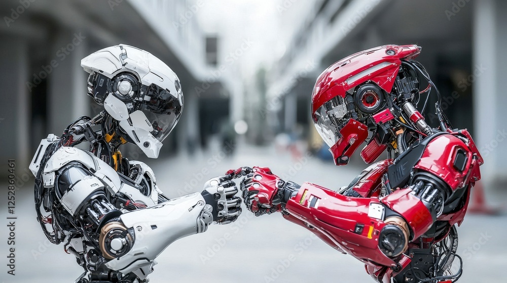 Aufkleber robots engage in friendly gesture futuristic city digital art urban setting close-up harmony in robo
