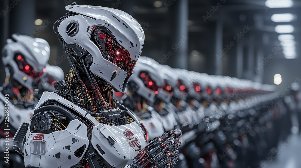 Poster evolving robots showcase emotional intelligence at technology expo industrial setting digital art fu