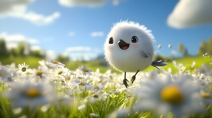 65. "A joyful animated kiwi character with a big smile, skipping through a field of daisies
