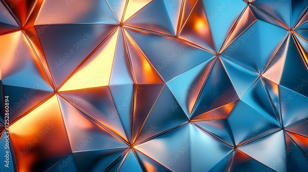 Poster abstract geometric art with blue and orange metallic textures on triangular shapes for modern backgr