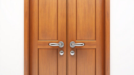Close and open wooden doors with chrome handles, interior doorways, modern design elements isolated on white background. welcome, invitation to enter, new opportunity, Realistic 3d vector illustration