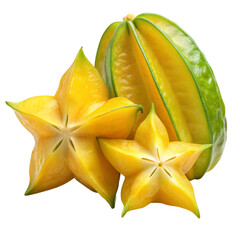 Fototapeta premium Fresh ripe starfruit with sliced star-shaped pieces isolated on white background.