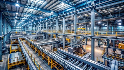 Fototapeta premium Aerial View of Industrial Grey Machinery Inside a Large Factory Building