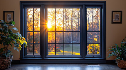 Golden sunset view through home window, autumn trees, peaceful indoor scene