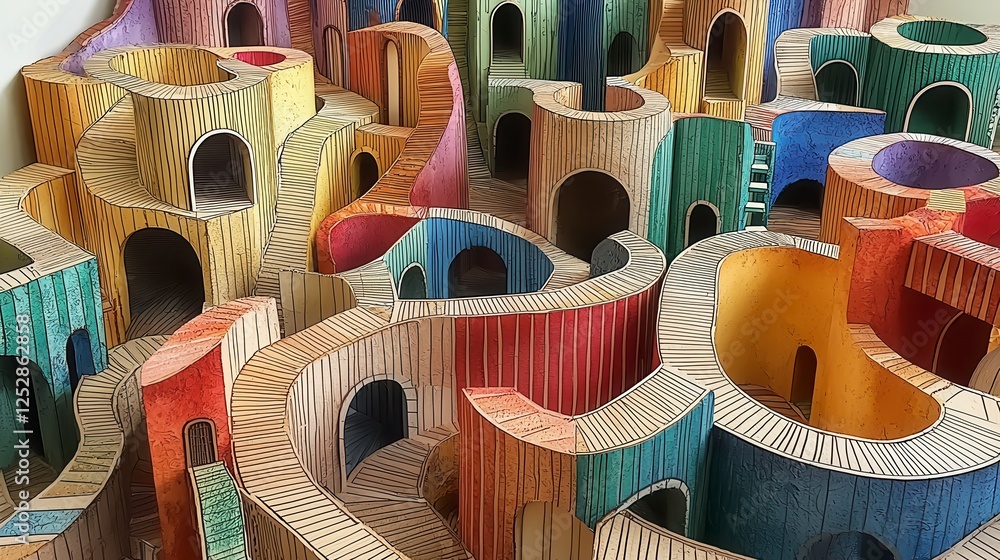 Poster vibrant abstract art installation featuring winding pathways and colorful structures in a unique arc