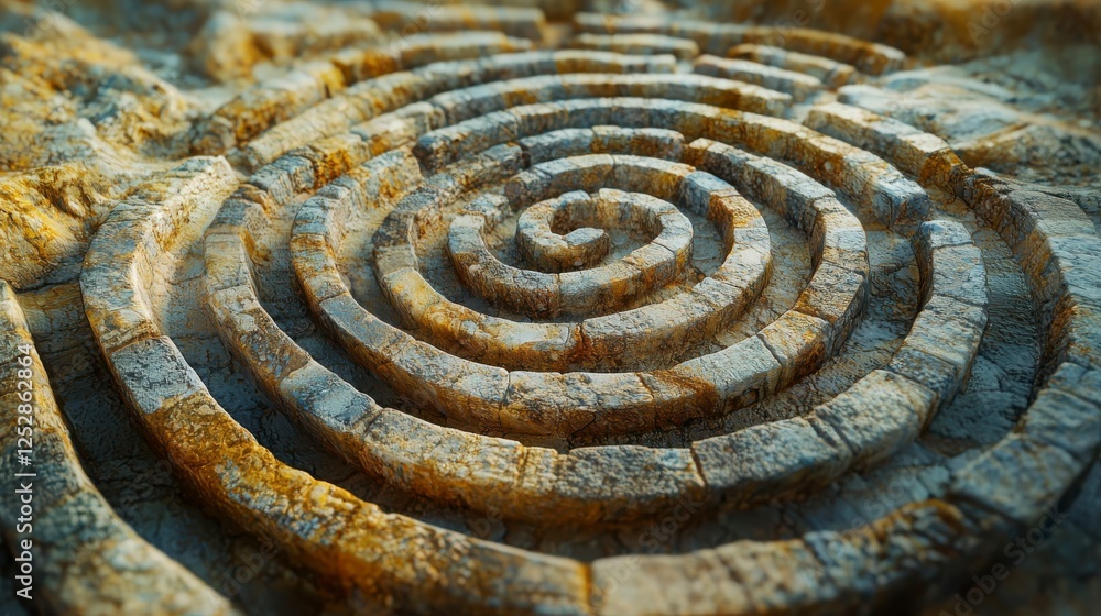 Poster intricate spiral pathway design in natural stone displaying artistic patterns and textures for lands