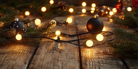 Wooden board adorned with string of lights, decorative pinecones and a wreath, evoking the festive spirit of holiday celebrations.