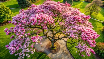Obraz premium Aerial View of Magnolia Blossoms in Springtime - Stunning Pink and White Flowers