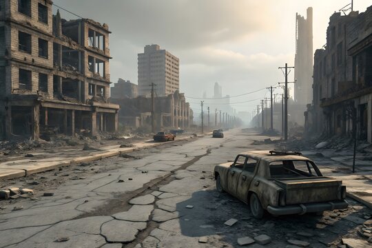 Abandoned Cityscape with Ruined Buildings and Deserted Road