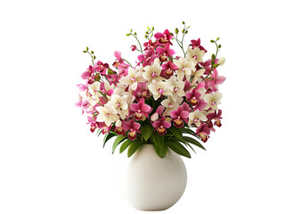 A vibrant arrangement of pink and white orchids in a sleek white vase. isolated on white background and transparent background