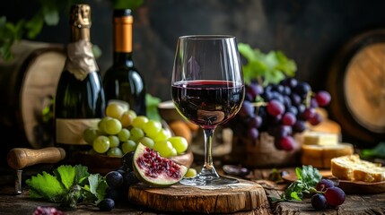 Fototapeta premium Wine and fruit spread on a rustic wooden table