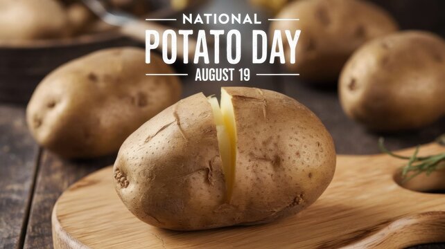 A photo with the inscription "national potato day" and the line below "August 19th" on the background of baked potatoes.