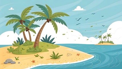 Obraz premium Colorful Tropical Island Scene with Palm Trees and Blue Ocean