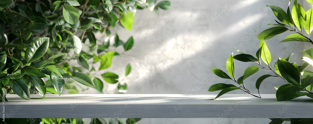 Poster ideal setting for product presentation with white wooden tabletop and lush greenery. generative ai.