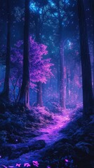 Glowing path through a purple, nighttime forest.