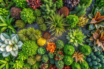 Fototapeta premium Aerial View of Seven Diverse Plants Arranged Together in a Garden