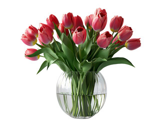 A vibrant bouquet of pink tulips in a clear glass vase, showcasing elegance and beauty. isolated on white background and transparent background