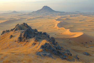 Fototapeta premium Desert landscape with sand dunes, rocky hills, distant mountain at sunrise