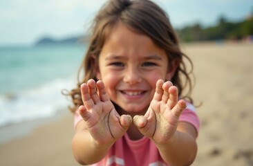 A little girl is having a good time at a seaside resort. The girl shows her sand-stained hands in close-up to the camera.